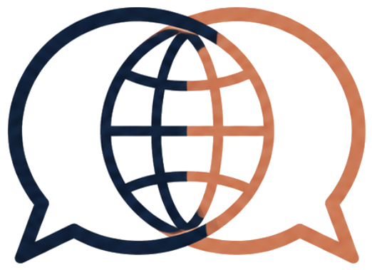 Con Raquel logo — globe in two speech bubbles